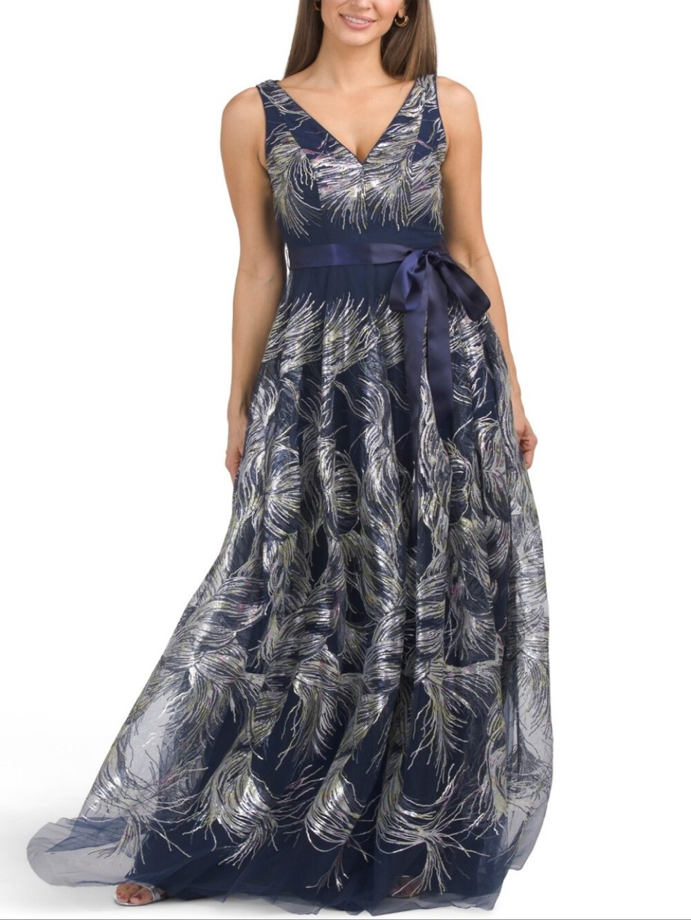 Rene By Rene Ruiz Women's Blue Embroidered Tule With Sequin Detail Gown